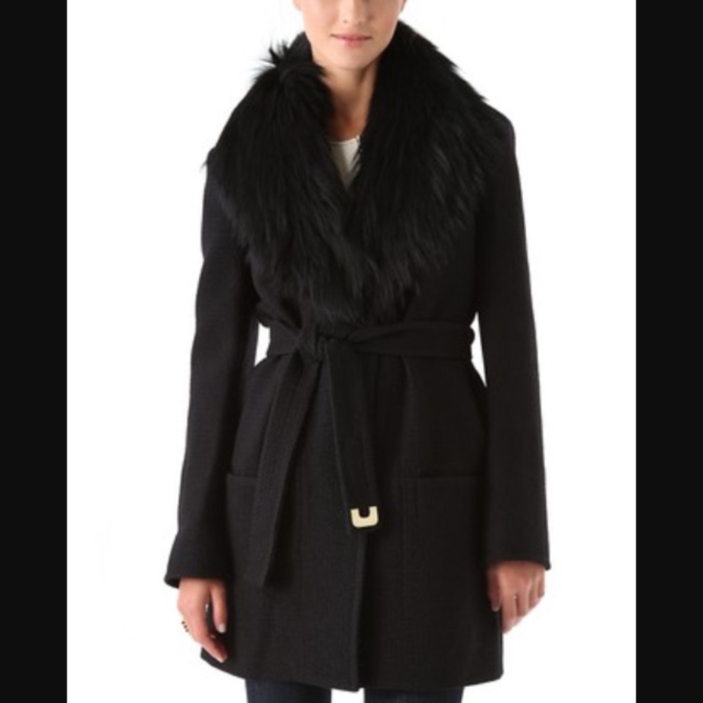 Diane Von Furstenberg Black Wool Pea Coat with Faux Fur Collar